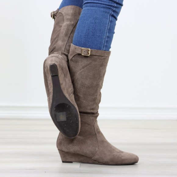 Taupe Faux Suede Round Toe Low Kitten Wedge Heel Mid Calf Boots - Picture 6 of 13